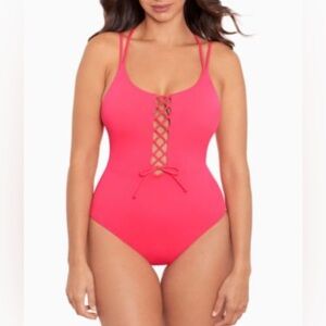 Skinny Dippers Suga Babe Lace Up Front Tummy Control One Piece Swimsuit New